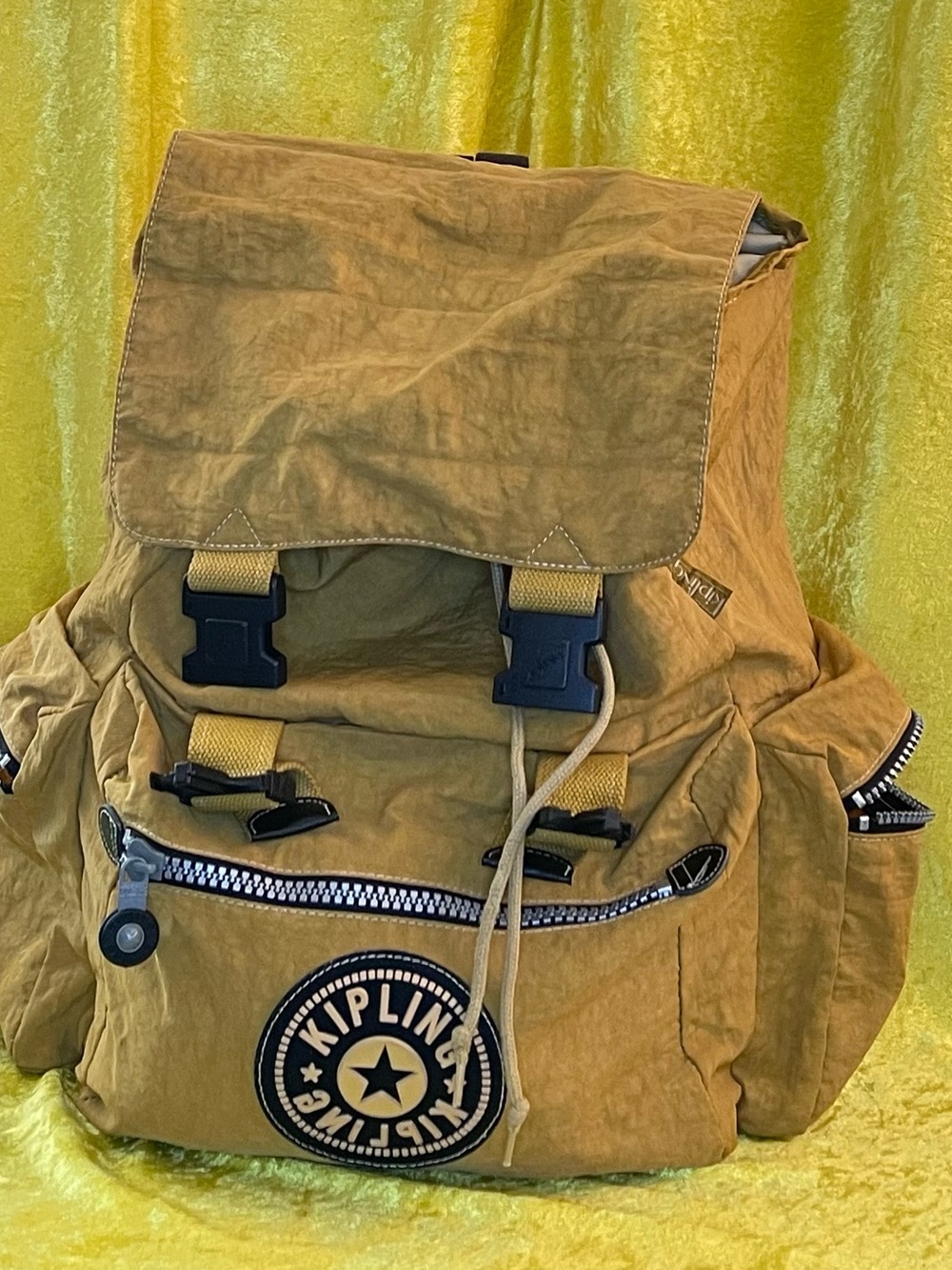 Kipling Mustard Tan Backpack with Front Logo Patch